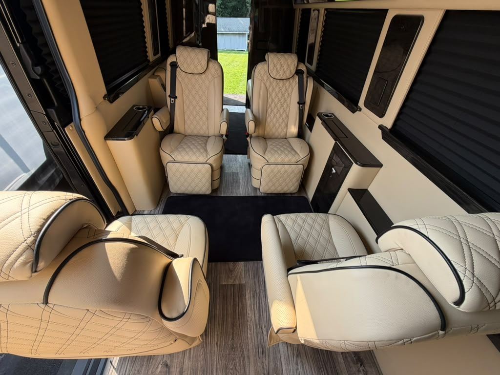 Cabin of the Mercedes-Benz Sprinter executive coach with powered window shades